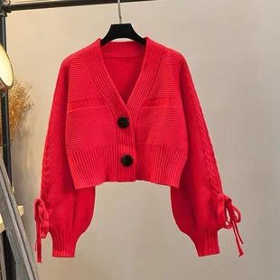 高端针织加厚洋气开衫 毛衣外套上衣女 女秋冬宽松短款 灯笼系绳冬季