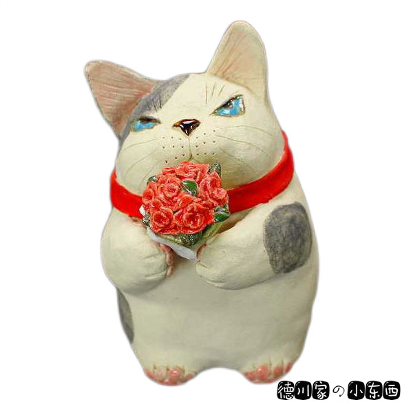 日本代购 匠人手工 趣味猫咪 捧玫瑰花的猫咪 可爱陶瓷民俗工艺品