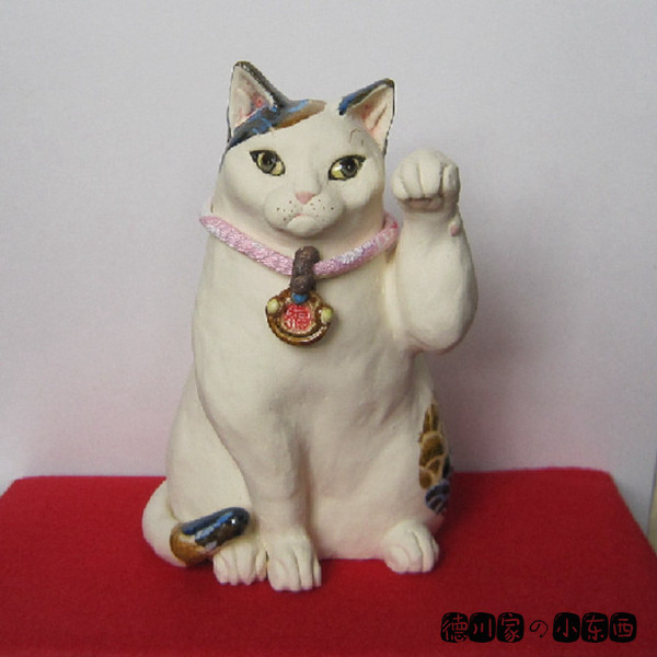 日本代购 匠人手工 青海波 招财猫 左手 可爱素陶 好运招福摆件