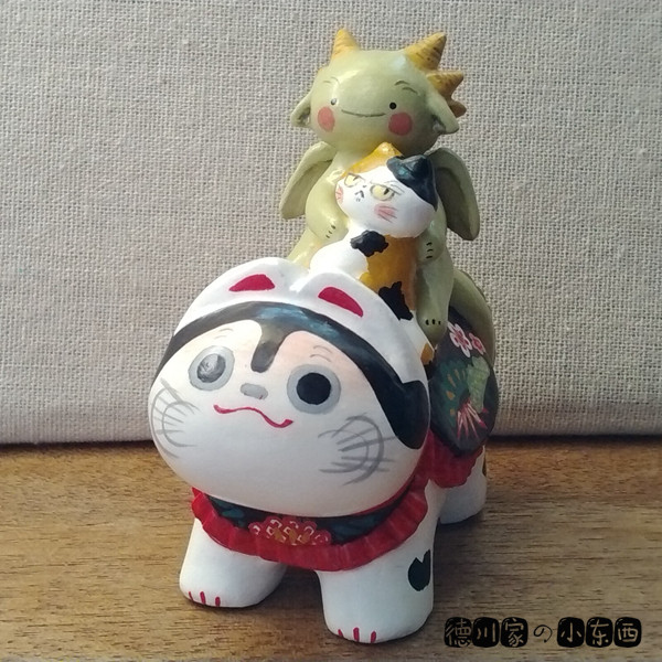 日本代购 匠人手工六角龙骑狛犬 生气猫咪 可爱呆萌 黏土和风摆件
