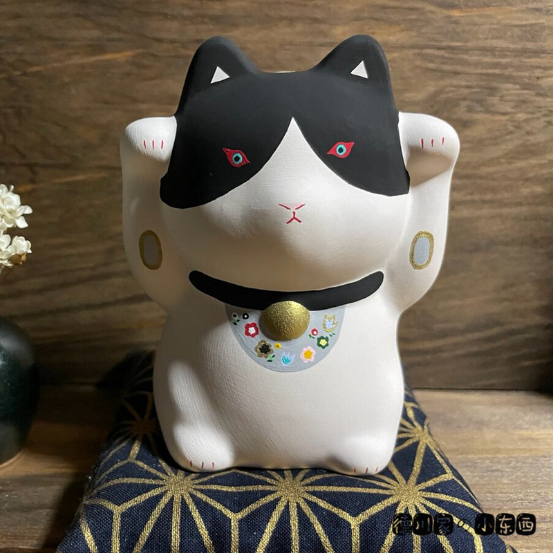 日本代购 匠人手工 杏眼招财猫 黑白 双手 好运招福 素陶工艺摆件