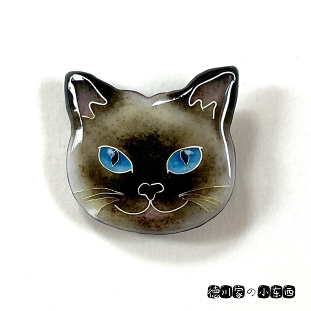 日本代购 匠人手工 七宝烧 黑脸猫 立耳 可爱 猫咪 胸针 别针挂饰