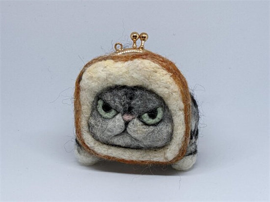 日本代购 匠人手工 羊毛制 面包猫咪 可爱毛绒 零钱包 硬币包