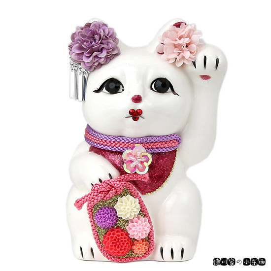 日本代购 和风 戴紫花的舞妓 镶钻招财猫 M号 开运招福 陶摆件