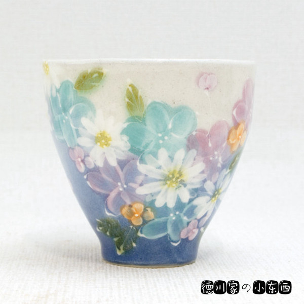 日本代购 匠人手工 彩绘茶杯 蓝底菊花 精美 日式汤吞 茶杯 水杯