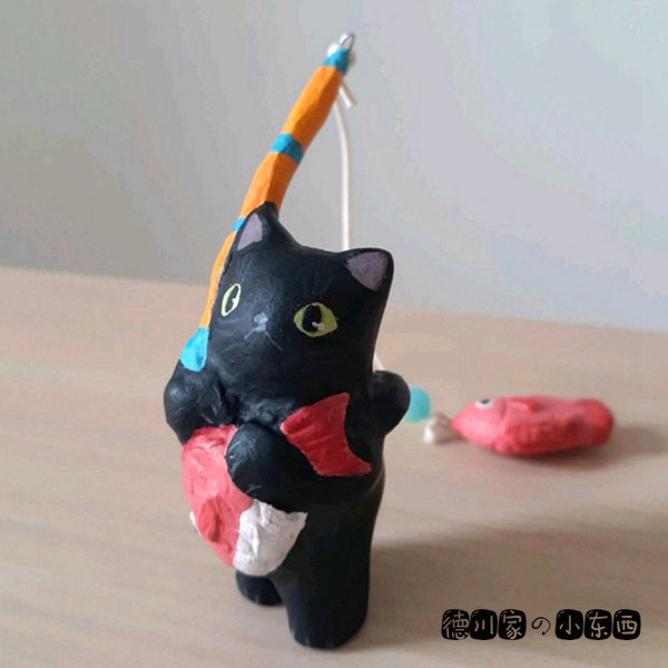 日本代购 匠人手工 吊红鲷鱼的小黑猫咪 可爱 民俗 和风 小摆件
