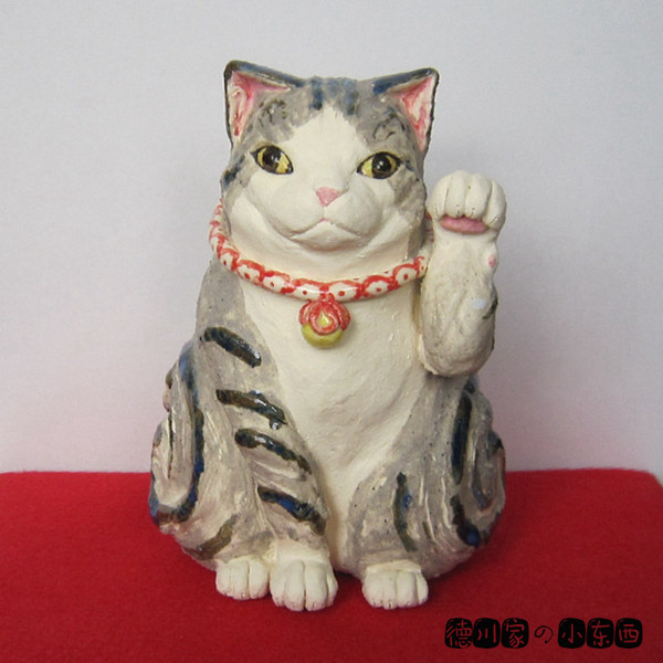 日本代购 匠人手工 狸花猫 招财猫 左手 可爱素陶 好运招福摆件
