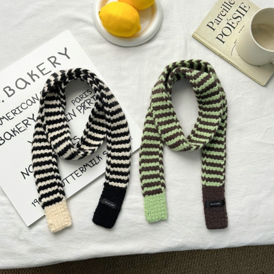 时髦设计款条纹腊肠围巾女秋冬穿搭凹造型针织撞色细长条小围脖潮