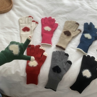 女冬季爱心针织五指手套露趾可划手机好质感保暖学生骑行手套秋冬