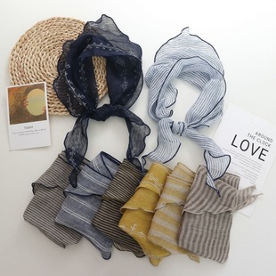 纯亚麻文艺条纹日系小丝巾女韩系百搭时尚小众薄款领巾三角巾护颈