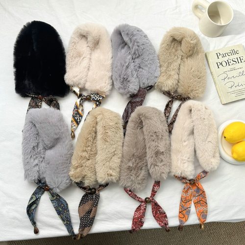 串珠丝巾项链女冬季毛毛交叉围脖女仿毛百搭保暖柔软小围巾可爱风