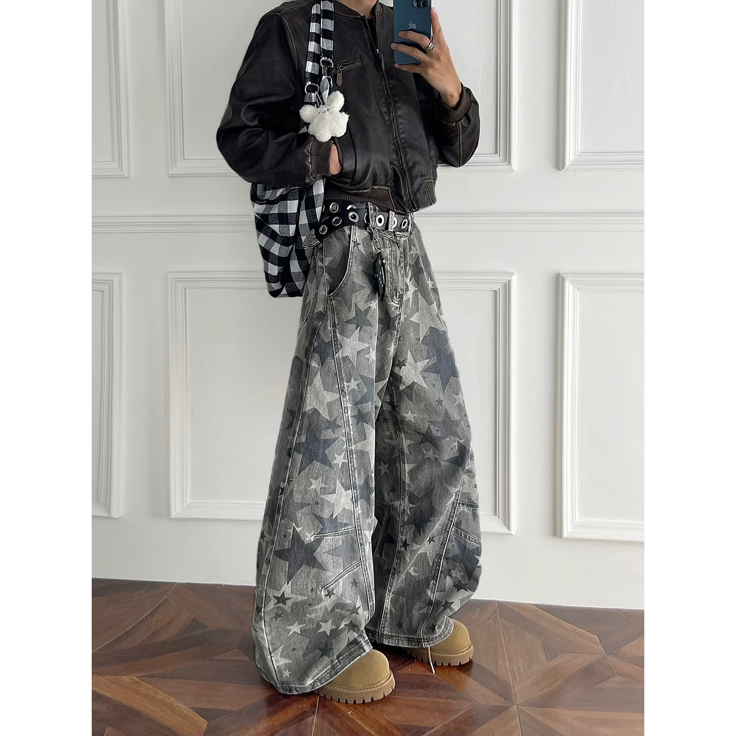 美式高街迷彩解构直筒牛仔裤男