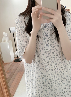 甜美公主风碎花娃娃领棉纱布睡裙女夏季新款短袖宽松连衣裙家居服