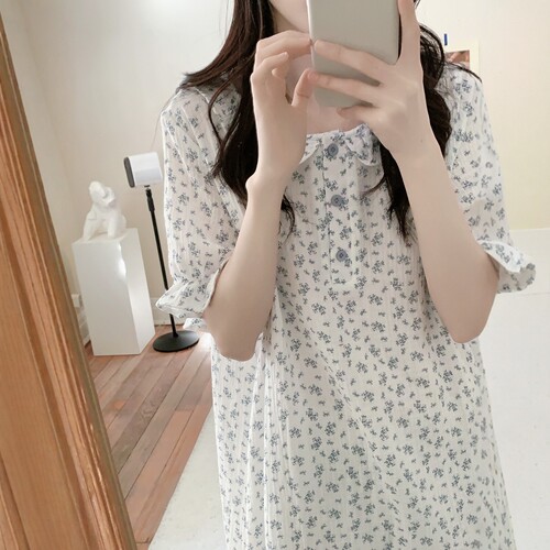 碎花娃娃领棉纱布睡裙女夏