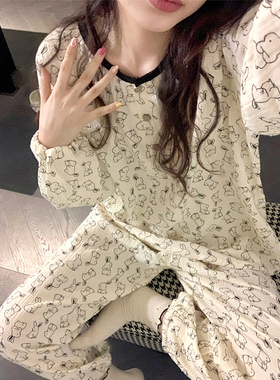 卡通素描印花可爱兔子纱布睡衣女秋季宽松圆领长袖长裤家居服套装