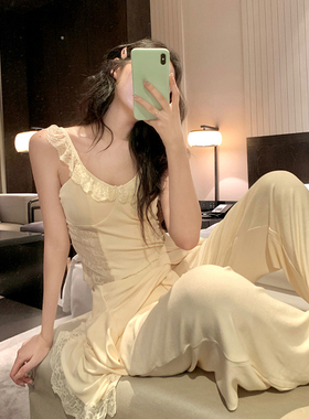 法式气质蕾丝边吊带睡衣女秋冬季性感舒适背心长裤家居服三件套装