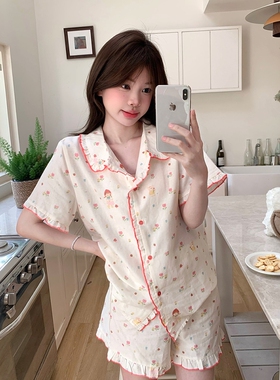 可爱卡通童趣图案棉纱睡衣女款夏2025新款薄款短袖开衫家居服套装