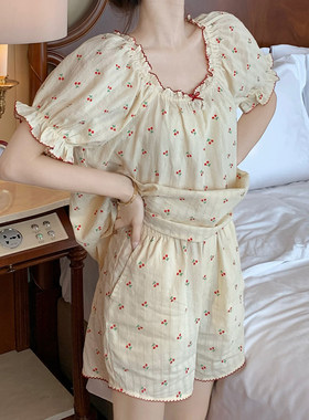 甜美小樱桃棉麻睡衣女夏天薄