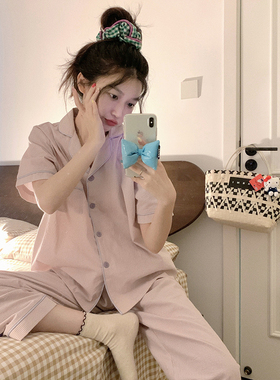 韩版撞色条纹棉麻睡衣女款春秋季2025新款夏天短袖长裤家居服套装