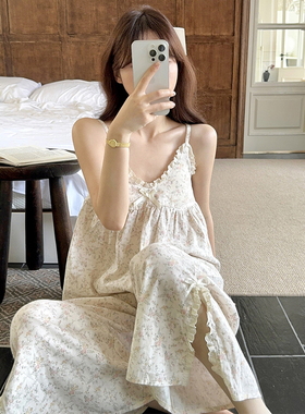 甜美碎花双层纱吊带睡衣女夏季2025新款带胸垫背心长裤家居服套装