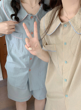 娃娃领撞色条纹睡衣夏天女款2024新款甜美简约短袖短裤套装家居服