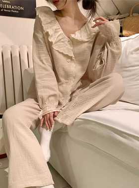韩版花边领纯棉麻睡衣女款2024新款春秋款简约甜美长袖家居服套装