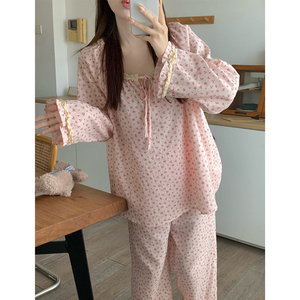甜美粉色碎花简约睡衣女秋季2024新款设计感宽松长袖家居服两件套