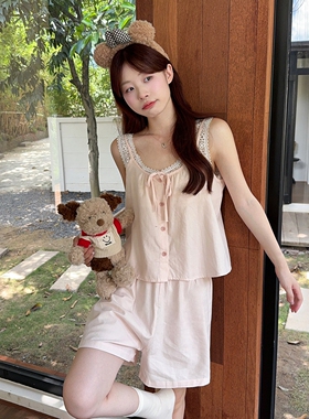 甜美少女蕾丝花边背心睡衣女款夏季吊带短裤宽松可外穿家居服套装
