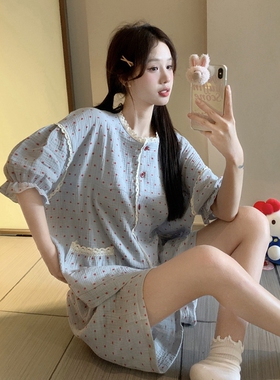 韩版蕾丝波点棉纱睡衣女款夏甜美圆领宽松开衫短袖短裤家居服套装