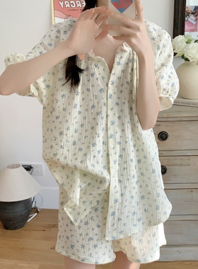 韩版碎花V领棉纱睡衣女款夏季甜美纯棉麻短袖短裤开衫家居服套装