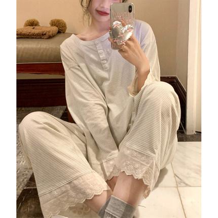 韩系简约条纹睡衣女春秋季2025新款圆领花边设计长袖两件套家居服