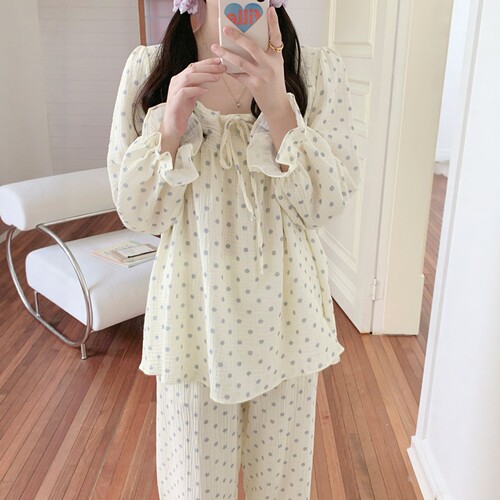 韩系大波点双层纱睡衣套装女款