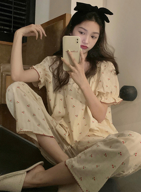 可爱小清新樱桃全棉睡衣夏季女款甜美短袖长裤宽松休闲家居服套装