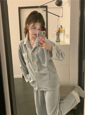 海盐系保暖海岛绒睡衣女2024秋冬季加厚舒适蕾丝边开衫家居服套装