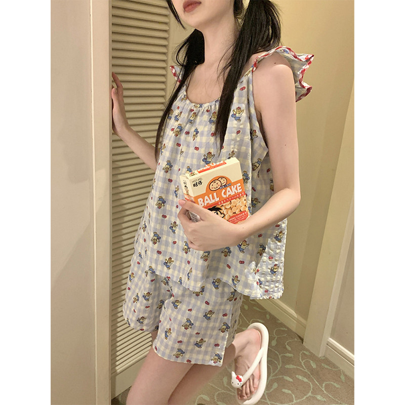 韩版格子小飞袖睡衣女夏季图片