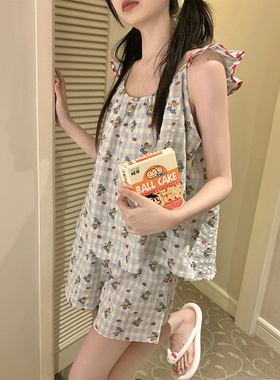 韩版格子小飞袖睡衣女夏季2024新款卡通熊可爱吊带短裤套装家居服