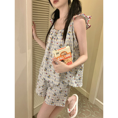 韩版格子小飞袖睡衣女夏季