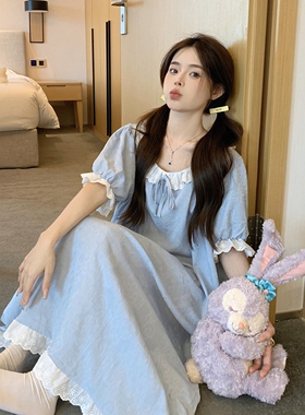 甜美雾霾蓝纯棉花边领睡裙女夏季少女娃娃领短袖宽松可外穿家居服