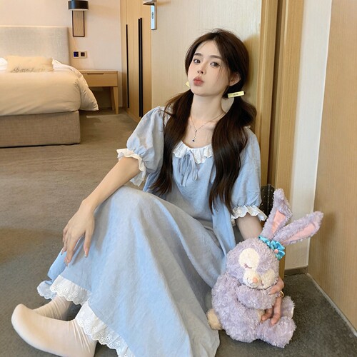 甜美雾霾蓝纯棉花边领睡裙女夏季