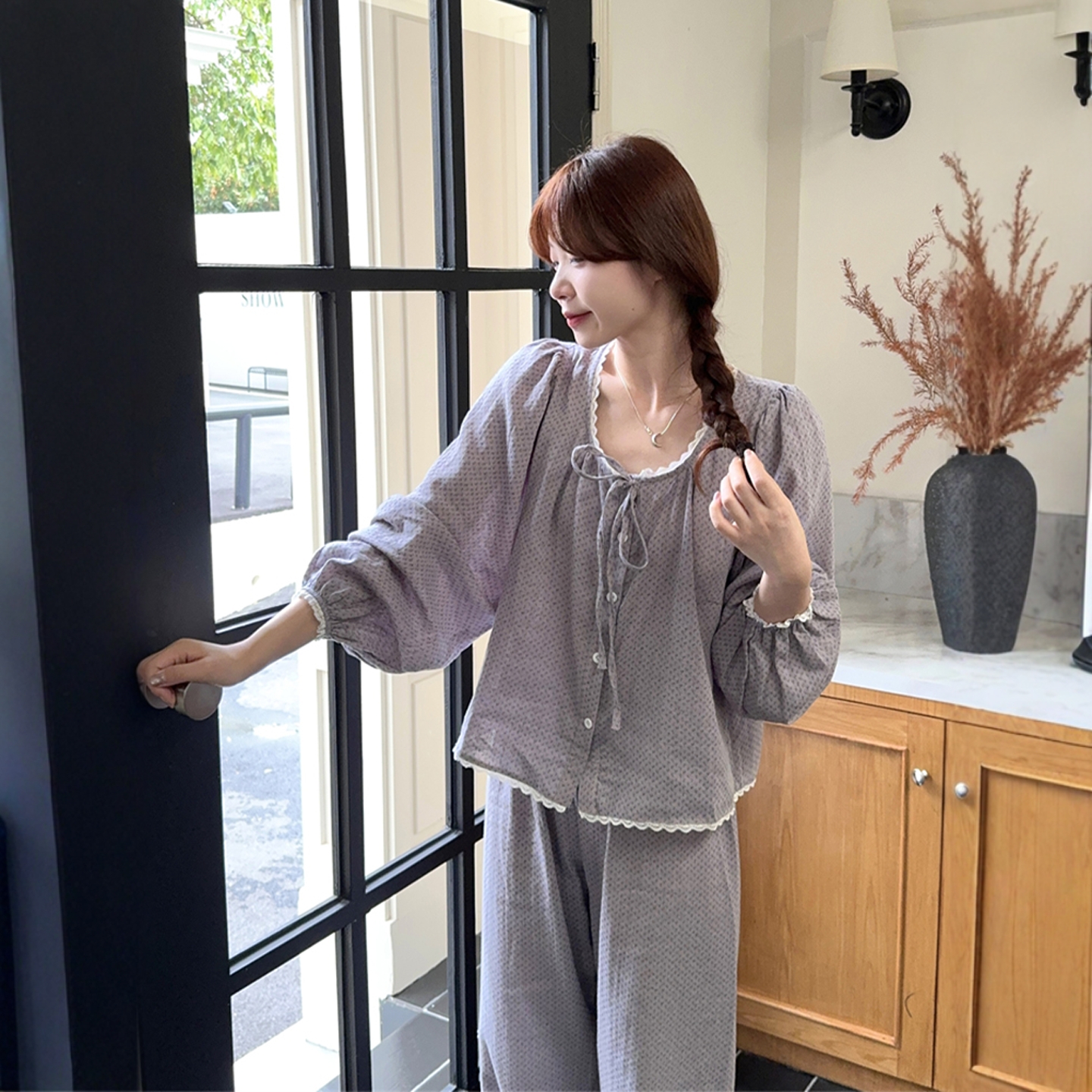 韩系小波点棉麻睡衣女春秋