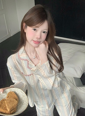 韩系甜美蓝格子碎花棉纱睡衣女秋冬款简约舒适长袖宽松家居服套装