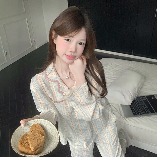 甜美蓝格子碎花棉纱睡衣女春秋款