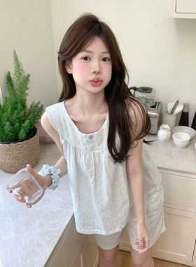 夏日波点纯棉纱睡衣女款夏季2026新款薄荷蓝背心短裤家居服两件套
