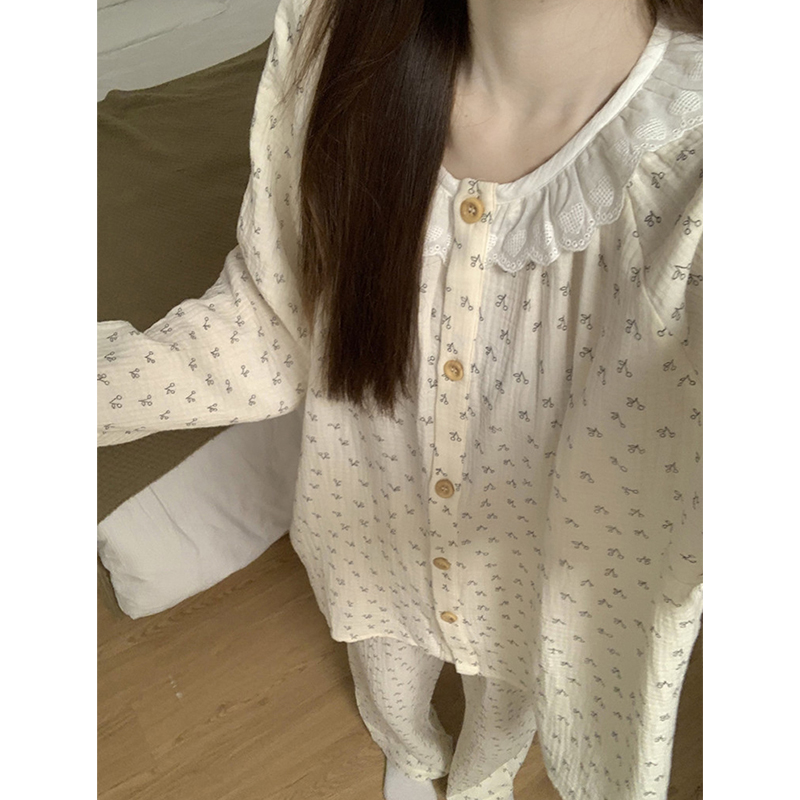 韩版甜美碎花棉麻睡衣女春秋季