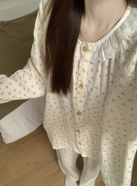 韩版甜美碎花棉麻睡衣女春秋季新款纱布可爱娃娃领少女宽松家居服