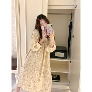 日系甜美小玫瑰棉纱睡裙女春秋款圆领小碎花长袖宽松连衣裙家居服