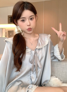 公主风小清新冰丝睡衣女款夏甜美简约五分袖短裤宽松两件套家居服