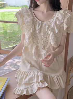 甜美蕾丝公主风全棉睡衣女夏季花边领荷叶边睡裙可外穿家居服套装