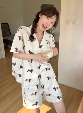 韩系卡通休闲棉纱睡衣女款夏季慵懒宽松开衫短袖短裤两件套家居服