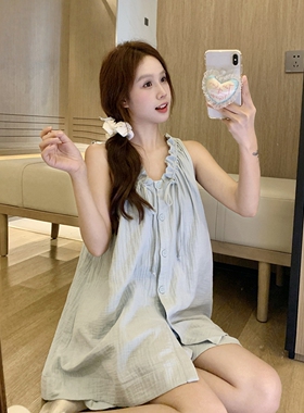 甜美简约夏季吊带睡衣女纯棉纱布背心短裤两件套薄款可外穿家居服